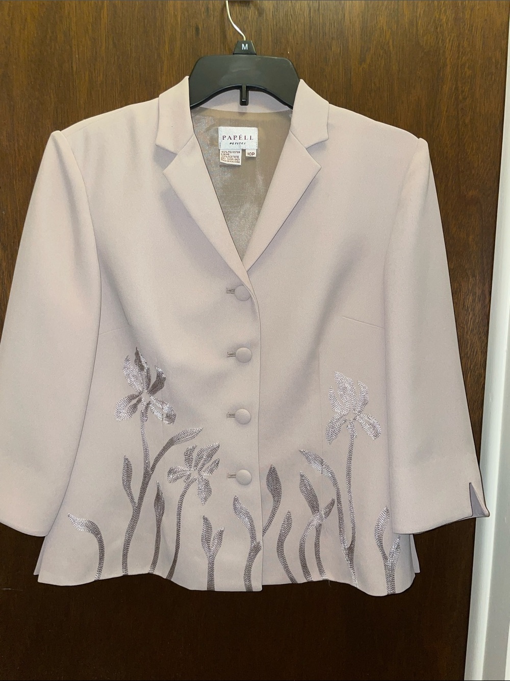 Papell Petites size 10P light tan button-up blazer w/iris embellishment